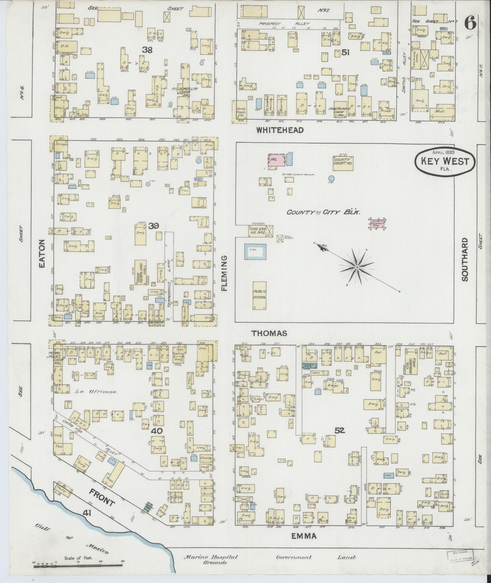 Sanborn Fire Insurance Map from Key West, Monroe County, Florida (1889), Sheet #0006 - Historic Sanborn Fire Insurance Map Print, vintage old map wall art, antique decor, genealogy gift, Florida Florida map