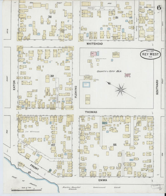 Sanborn Fire Insurance Map from Key West, Monroe County, Florida (1889), Sheet #0006 - Historic Sanborn Fire Insurance Map Print, vintage old map wall art, antique decor, genealogy gift, Florida Florida map