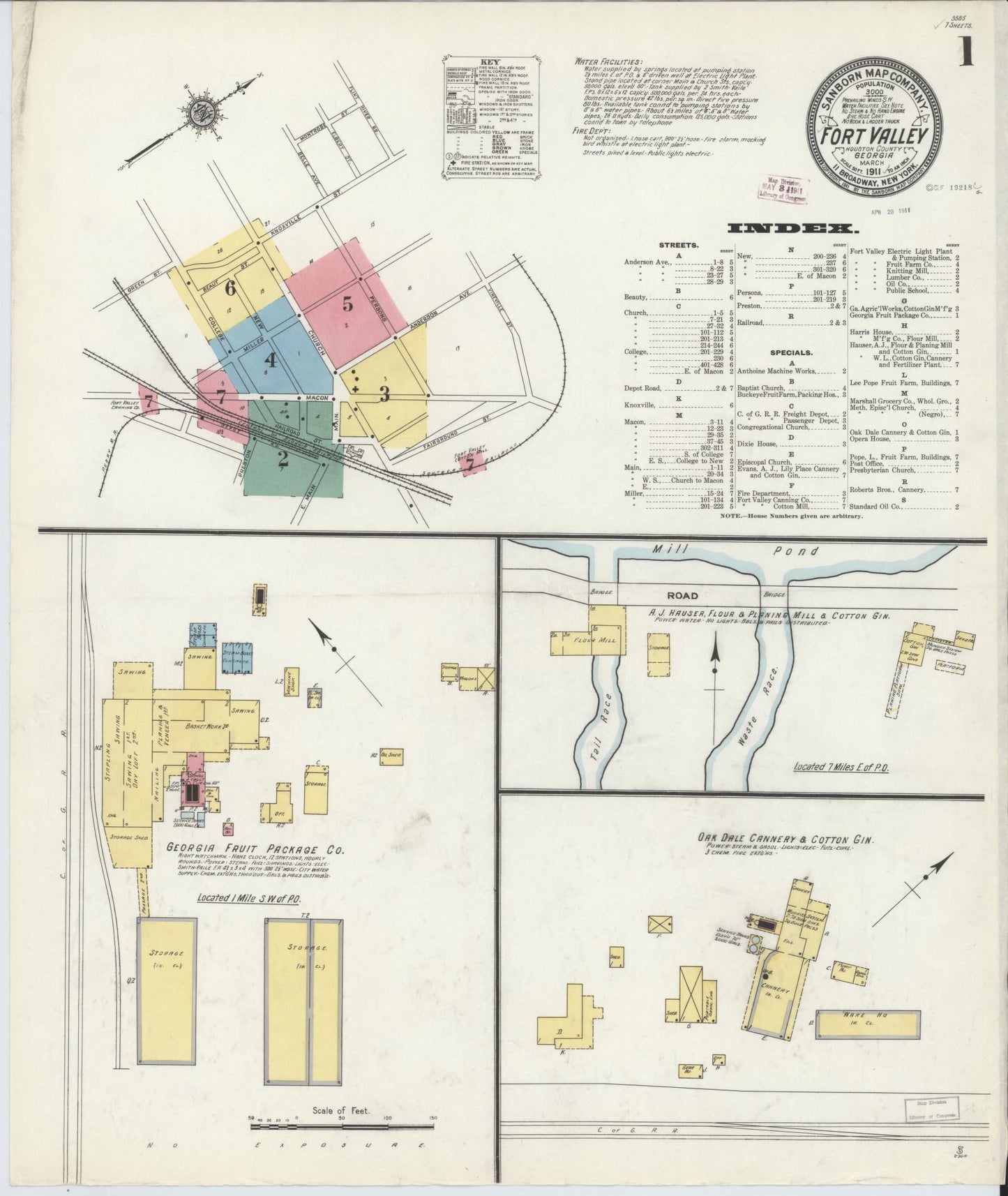 Sanborn Fire Insurance Map from Fort Valley, Peach County, Georgia (1911), Sheet #0001 - Historic Sanborn Fire Insurance Map Print, vintage old map wall art, antique decor, genealogy gift, Georgia Georgia map