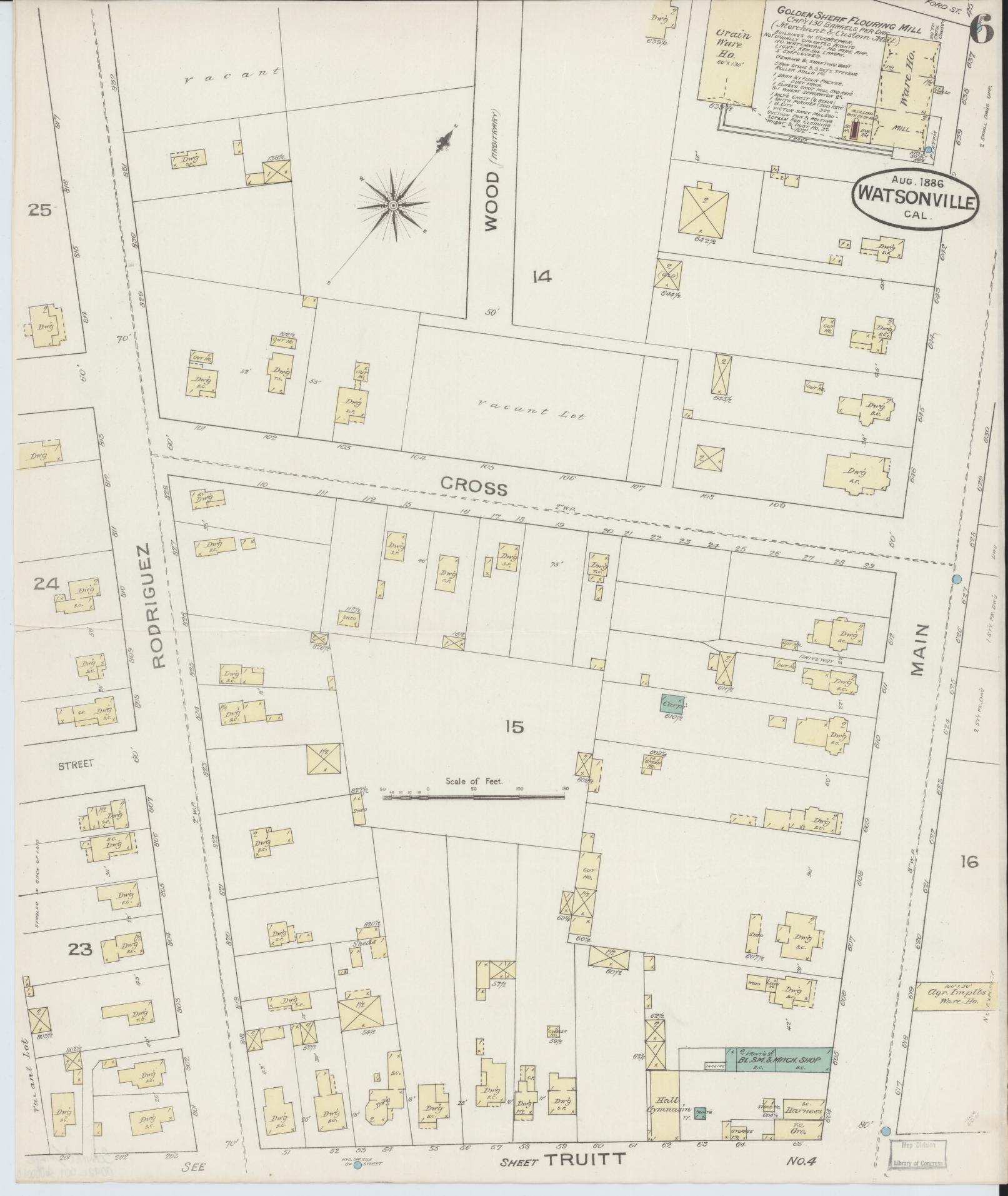 Sanborn Fire Insurance Map from Watsonville, Santa Cruz County, California (1886), Sheet #0006 - Complete Map Set gallery image, historic Sanborn map, vintage wall art, California California