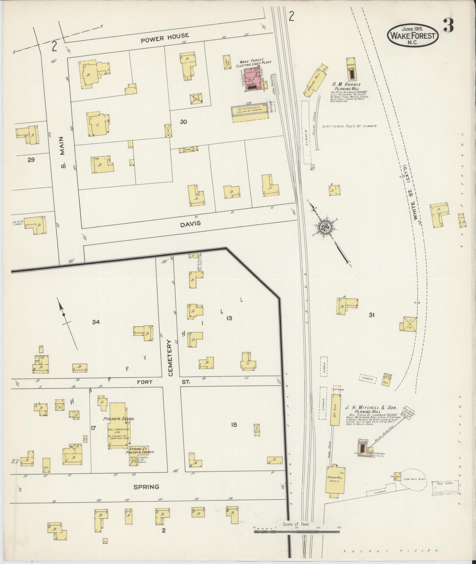 Sanborn Fire Insurance Map from Wake Forest, Wake County, North Carolina (1915), Sheet #0003 - Complete Map Set gallery image, historic Sanborn map, vintage wall art, North Carolina North Carolina