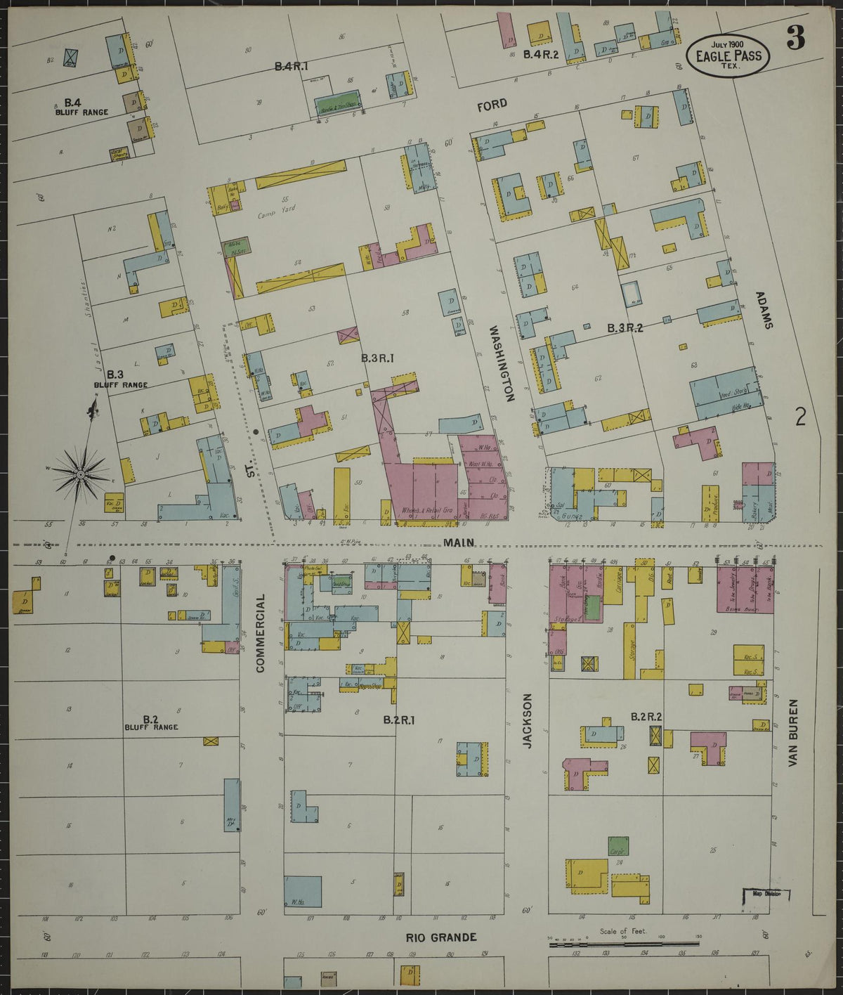 Sanborn Fire Insurance Map from Eagle Pass, Maverick County, Texas (1900), Sheet #0003 - Historic Sanborn Fire Insurance Map Print, vintage old map wall art, antique decor, genealogy gift, Texas Texas map