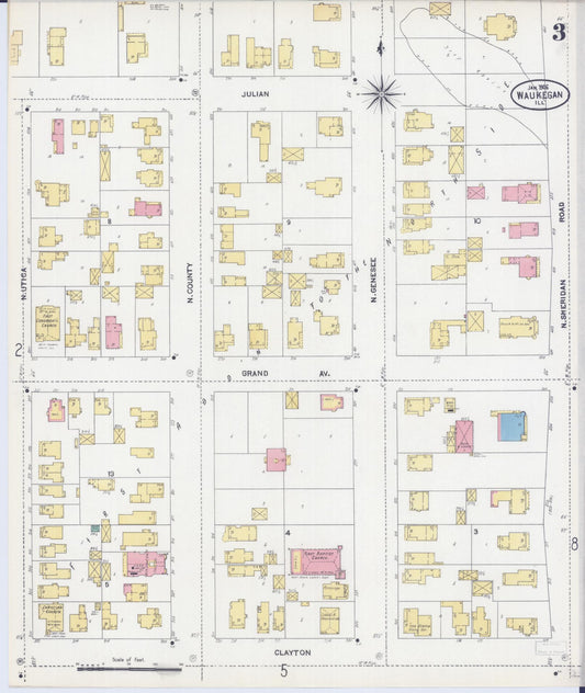 Sanborn Fire Insurance Map from Waukegan, Lake County, Illinois (1906), Sheet #0003 - Historic Sanborn Fire Insurance Map Print, vintage old map wall art, antique decor, genealogy gift, Illinois Illinois map