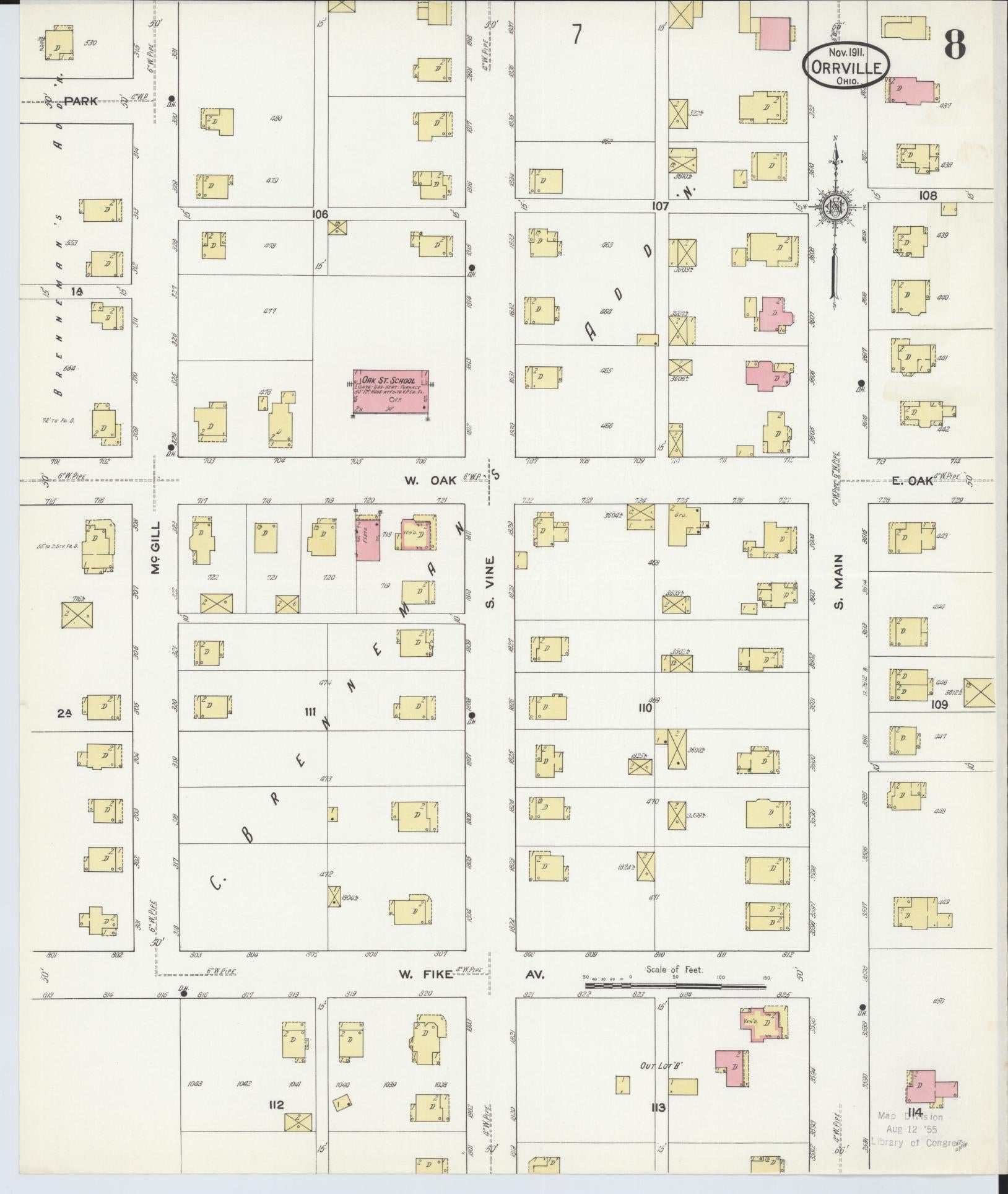 Sanborn Fire Insurance Map from Orrville, Wayne County, Ohio (1911), Sheet #0008 - Historic Sanborn Fire Insurance Map Print, vintage old map wall art, antique decor, genealogy gift, Ohio Ohio map