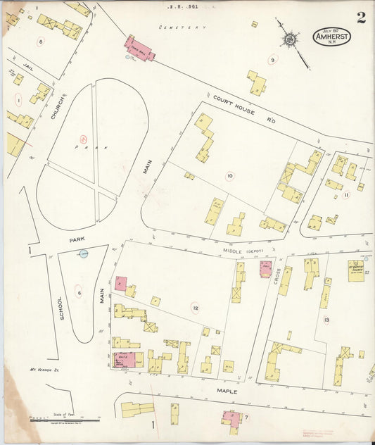 Sanborn Fire Insurance Map from Amherst, Hillsborough County, New Hampshire (1943), Sheet #0002 - Historic Sanborn Fire Insurance Map Print, vintage old map wall art, antique decor, genealogy gift, New Hampshire New Hampshire map