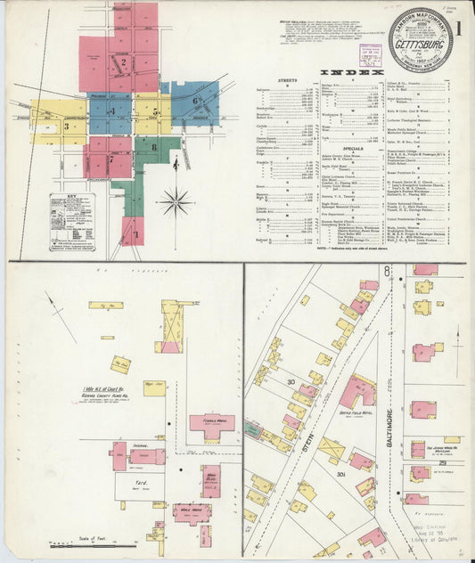 Sanborn Fire Insurance Map from Gettysburg, Adams County, Pennsylvania (1907), Sheet #0001 - Historic Sanborn Fire Insurance Map Print, vintage old map wall art, antique decor, genealogy gift, Pennsylvania Pennsylvania map