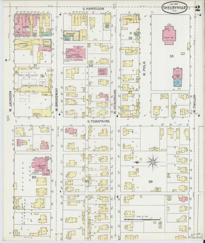 Sanborn Fire Insurance Map from Shelbyville, Shelby County, Indiana (1893), Sheet #0002 - Historic Sanborn Fire Insurance Map Print, vintage old map wall art, antique decor, genealogy gift, Indiana Indiana map