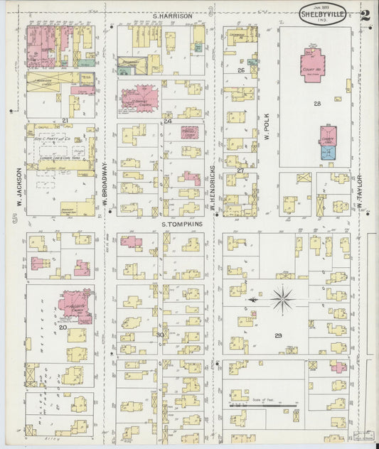 Sanborn Fire Insurance Map from Shelbyville, Shelby County, Indiana (1893), Sheet #0002 - Historic Sanborn Fire Insurance Map Print, vintage old map wall art, antique decor, genealogy gift, Indiana Indiana map
