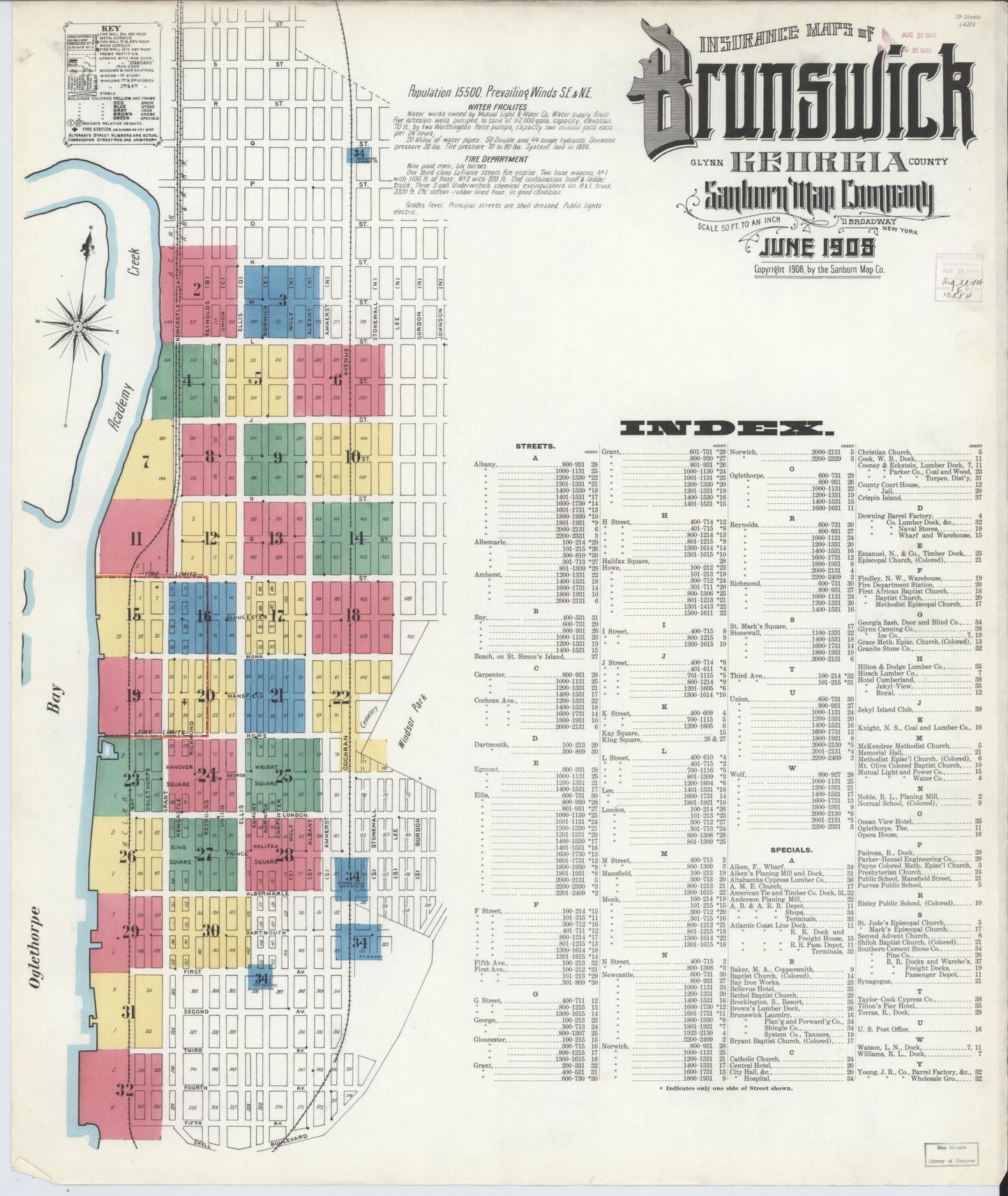 Sanborn Fire Insurance Map from Brunswick, Glynn County, Georgia (1908), Sheet #0001 - Historic Sanborn Fire Insurance Map Print, vintage old map wall art, antique decor, genealogy gift, Georgia Georgia map