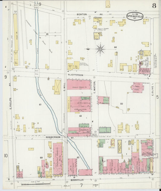 Sanborn Fire Insurance Map from Springfield, Greene County, Missouri (1896), Sheet #0008 - Historic Sanborn Fire Insurance Map Print, vintage old map wall art, antique decor, genealogy gift, Missouri Missouri map