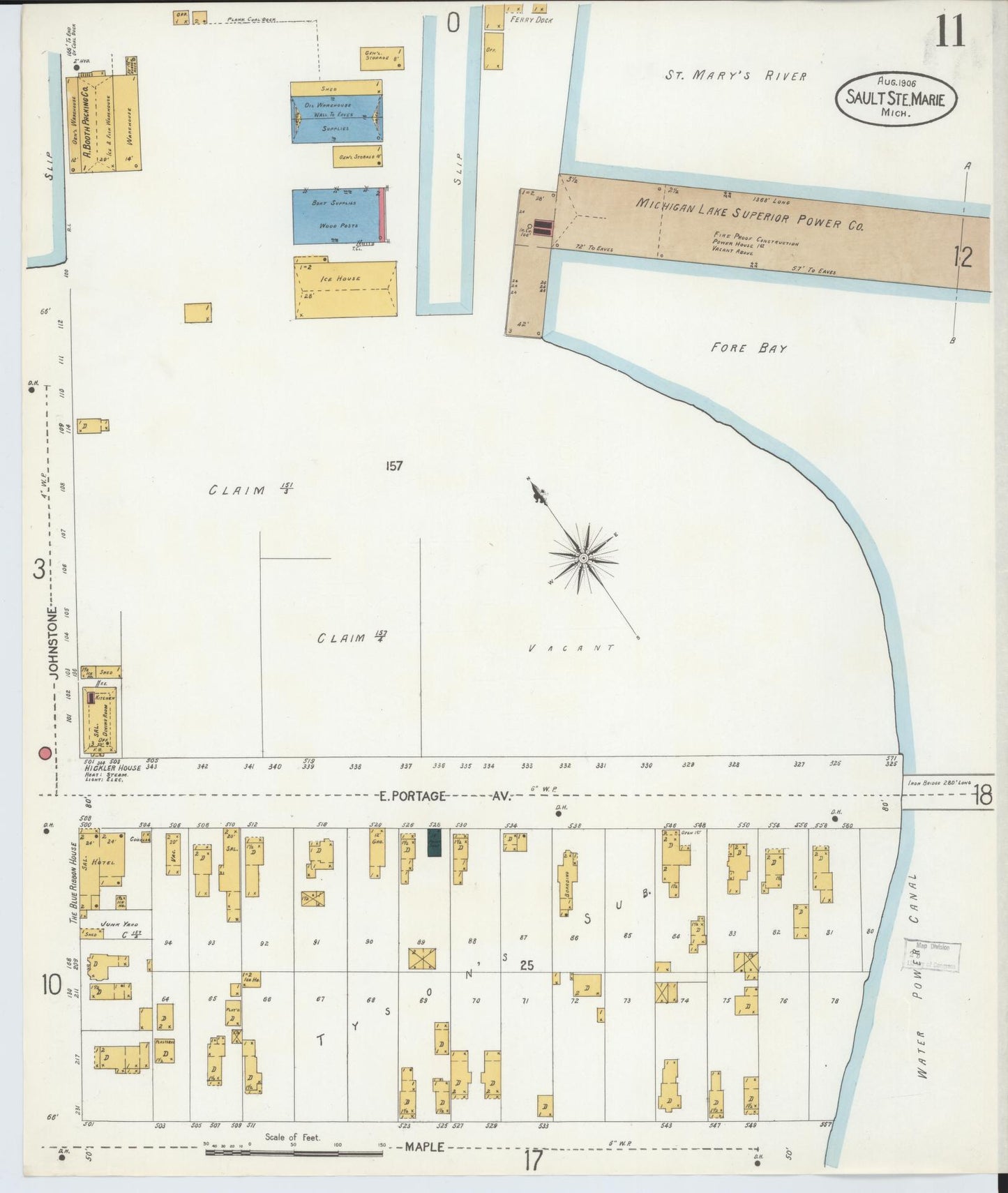 Sanborn Fire Insurance Map from Sault Sainte Marie, Chippewa County, Michigan (1906), Sheet #0011 - Historic Sanborn Fire Insurance Map Print, vintage old map wall art, antique decor, genealogy gift, Michigan Michigan map