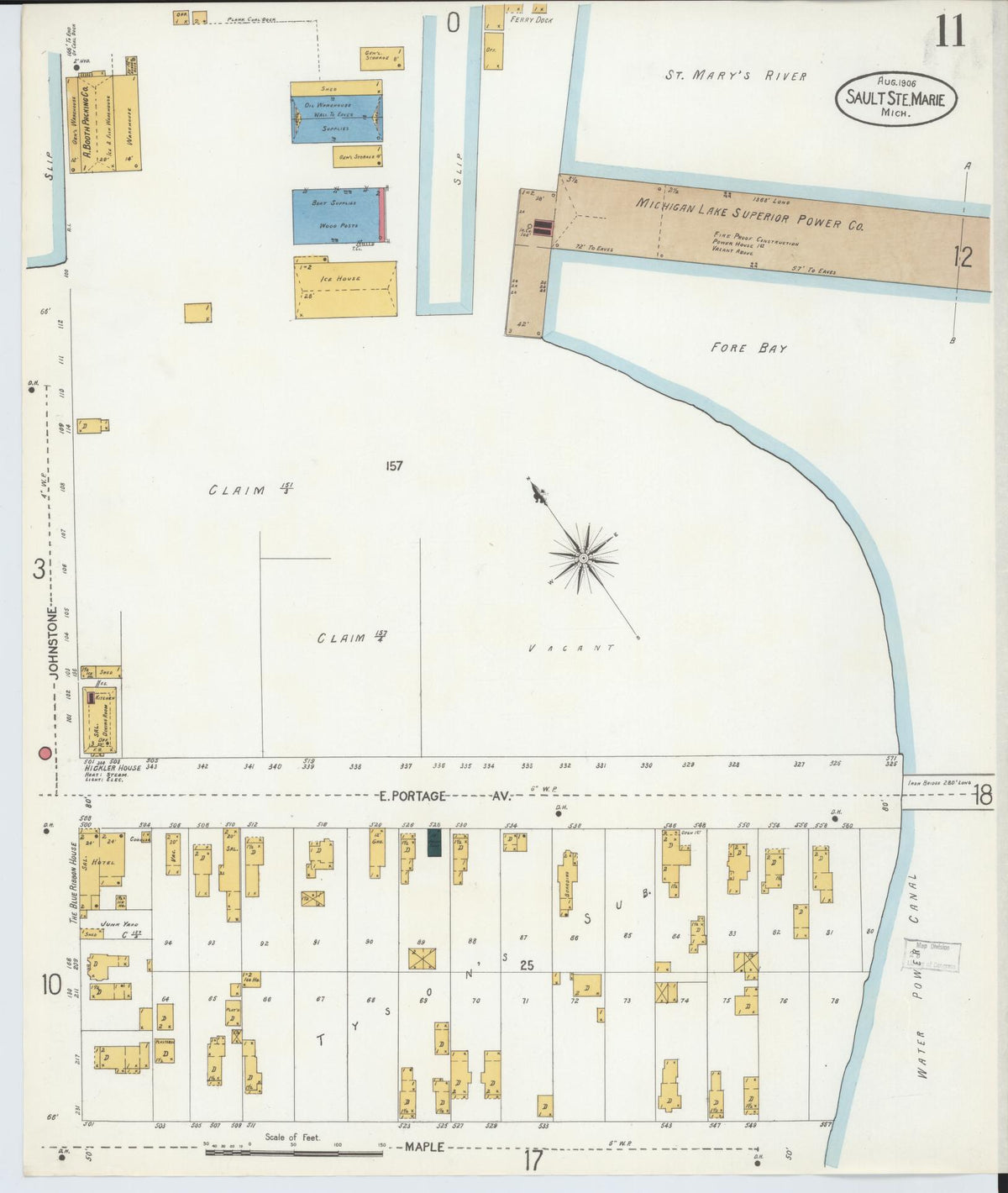 Sanborn Fire Insurance Map from Sault Sainte Marie, Chippewa County, Michigan (1906), Sheet #0011 - Historic Sanborn Fire Insurance Map Print, vintage old map wall art, antique decor, genealogy gift, Michigan Michigan map