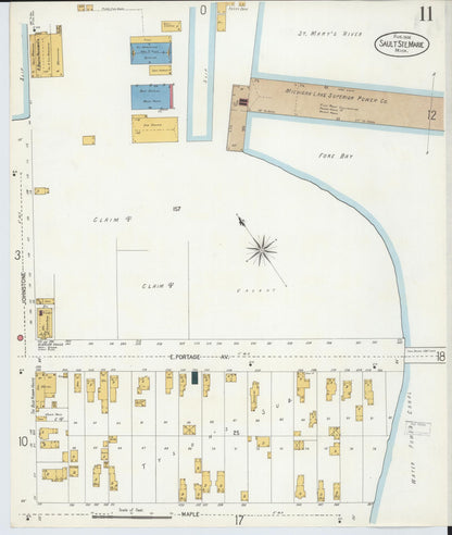 Sanborn Fire Insurance Map from Sault Sainte Marie, Chippewa County, Michigan (1906), Sheet #0011 - Historic Sanborn Fire Insurance Map Print, vintage old map wall art, antique decor, genealogy gift, Michigan Michigan map