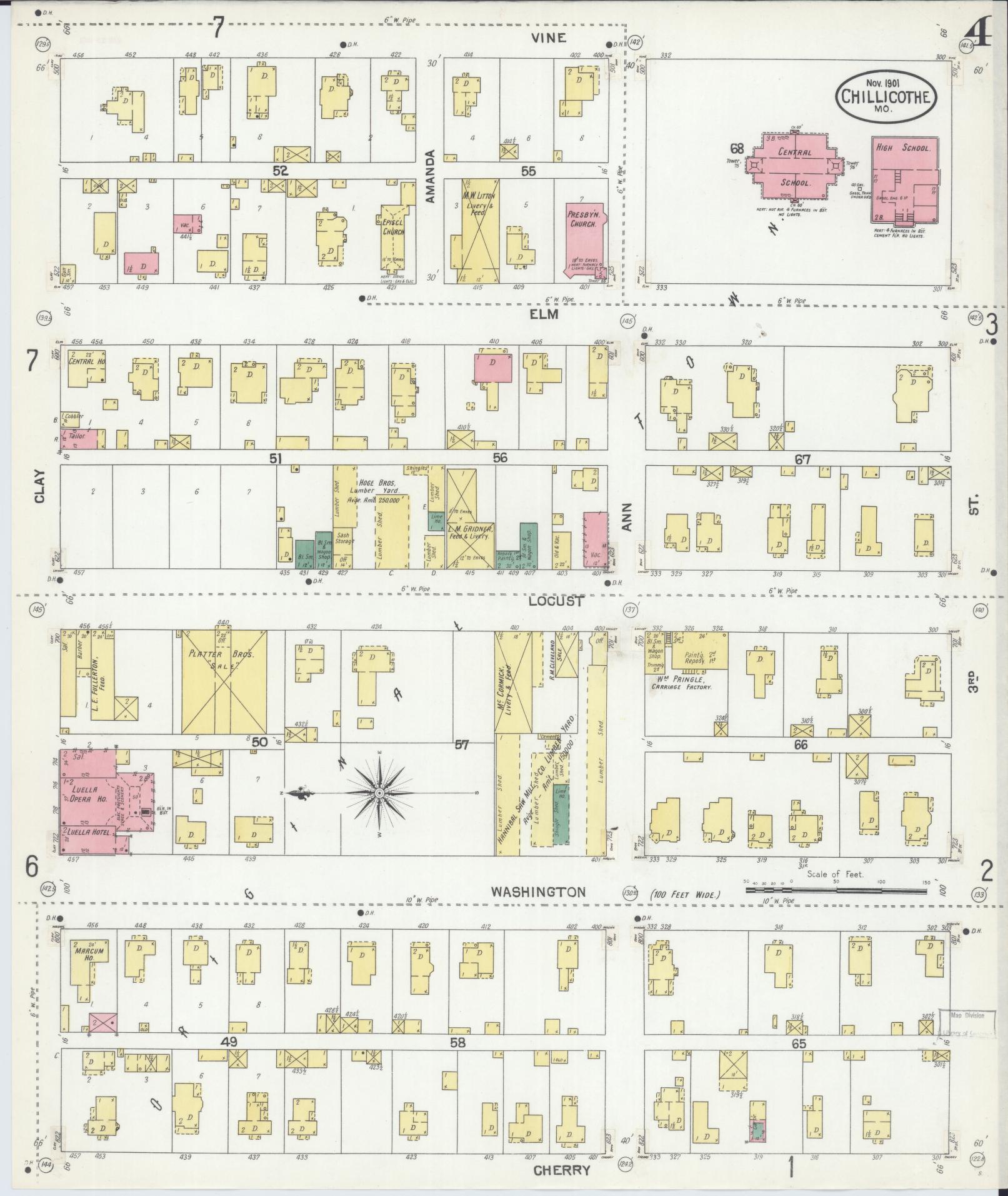 Sanborn Fire Insurance Map from Chillicothe, Livingston County, Missouri (1901), Sheet #0004 - Historic Sanborn Fire Insurance Map Print, vintage old map wall art, antique decor, genealogy gift, Missouri Missouri map