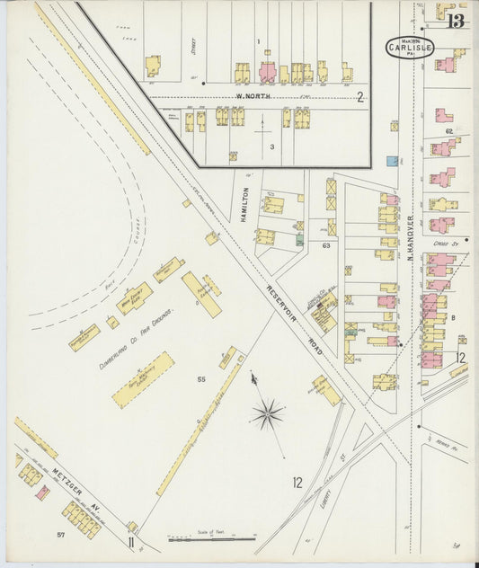 Sanborn Fire Insurance Map from Carlisle, Cumberland County, Pennsylvania (1896), Sheet #0013 - Historic Sanborn Fire Insurance Map Print, vintage old map wall art, antique decor, genealogy gift, Pennsylvania Pennsylvania map