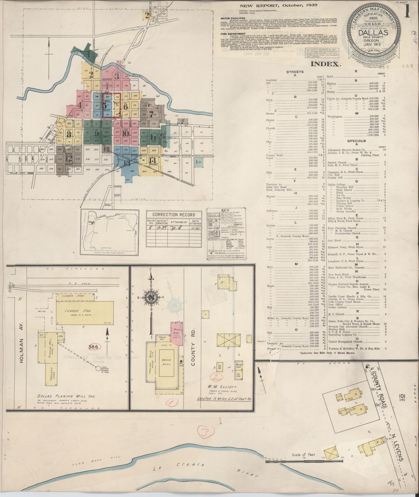 Sanborn Fire Insurance Map from Dallas, Polk County, Oregon (1939), Sheet #0001 - Historic Sanborn Fire Insurance Map Print, vintage old map wall art, antique decor, genealogy gift, Oregon Oregon map