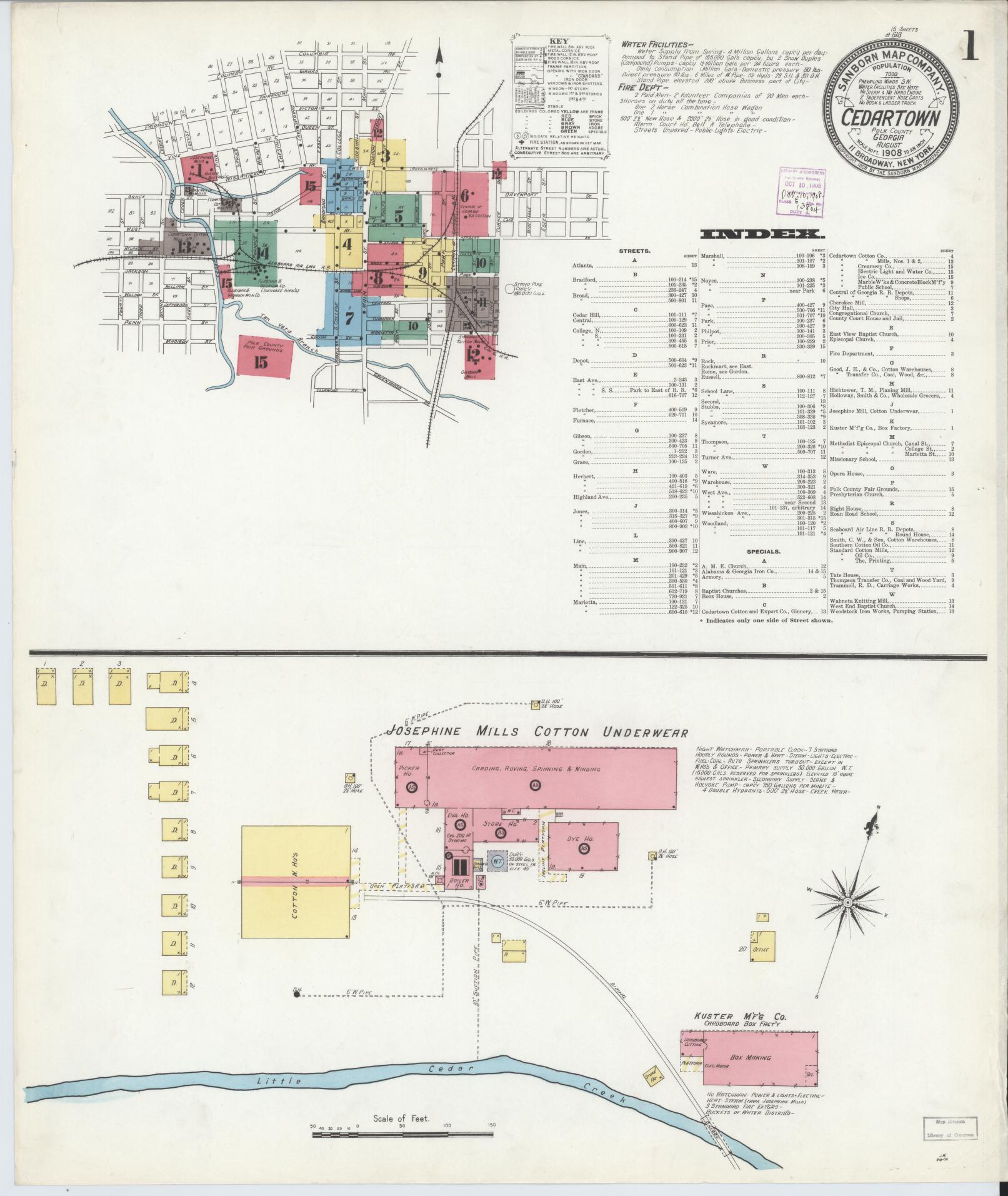 Sanborn Fire Insurance Map from Cedartown, Polk County, Georgia (1908), Sheet #0001 - Historic Sanborn Fire Insurance Map Print, vintage old map wall art, antique decor, genealogy gift, Georgia Georgia map