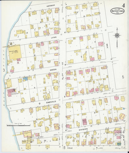 Sanborn Fire Insurance Map from Watertown, Jefferson County, Wisconsin (1909), Sheet #0004 - Historic Sanborn Fire Insurance Map Print, vintage old map wall art, antique decor, genealogy gift, Wisconsin Wisconsin map