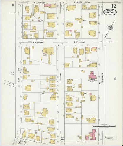 Sanborn Fire Insurance Map from Huntsville, Madison County, Alabama (1921), Sheet #0012 - Complete Map Set gallery image, historic Sanborn map, vintage wall art, Alabama Alabama