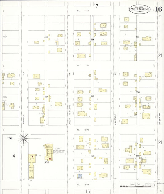 Sanborn Fire Insurance Map from Coeur D'alene, Kootenai County, Idaho (1908), Sheet #0016 - Historic Sanborn Fire Insurance Map Print, vintage old map wall art, antique decor, genealogy gift, Idaho Idaho map