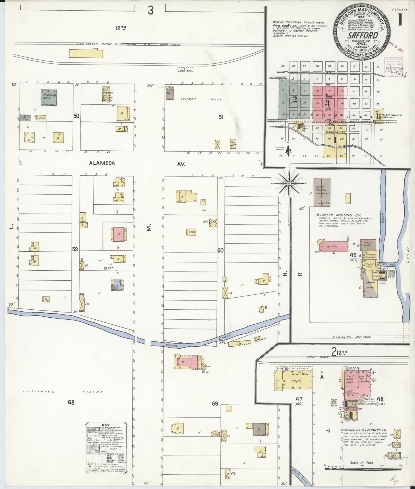Sanborn Fire Insurance Map from Safford, Graham County, Arizona (1909), Sheet #0001 - Complete Map Set gallery image, historic Sanborn map, vintage wall art, Arizona Arizona