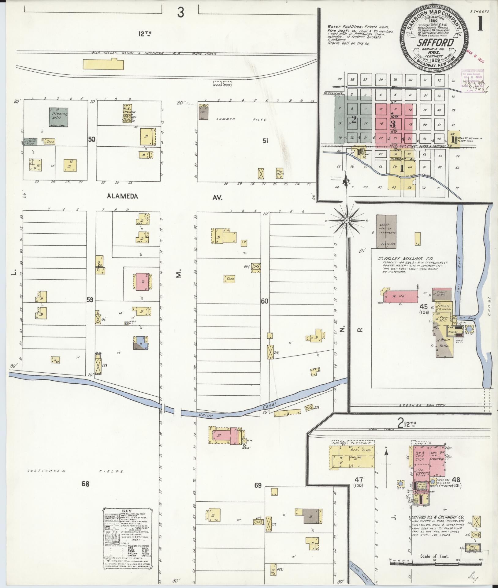 Sanborn Fire Insurance Map from Safford, Graham County, Arizona (1909), Sheet #0001 - Complete Map Set gallery image, historic Sanborn map, vintage wall art, Arizona Arizona