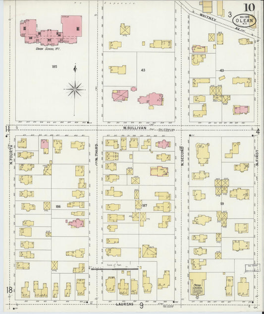 Sanborn Fire Insurance Map from Olean, Cattaraugus County, New York (1898), Sheet #0010 - Historic Sanborn Fire Insurance Map Print, vintage old map wall art, antique decor, genealogy gift, New York New York map