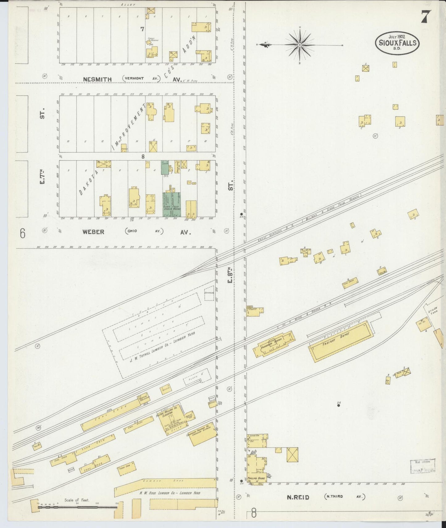 Sanborn Fire Insurance Map from Sioux Falls, Minnehaha County, South Dakota (1902), Sheet #0007 - Historic Sanborn Fire Insurance Map Print, vintage old map wall art, antique decor, genealogy gift, South Dakota South Dakota map