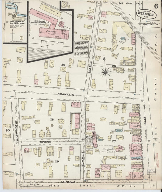 Sanborn Fire Insurance Map from Westfield, Hampden County, Massachusetts (1884), Sheet #0006 - Historic Sanborn Fire Insurance Map Print, vintage old map wall art, antique decor, genealogy gift, Massachusetts Massachusetts map