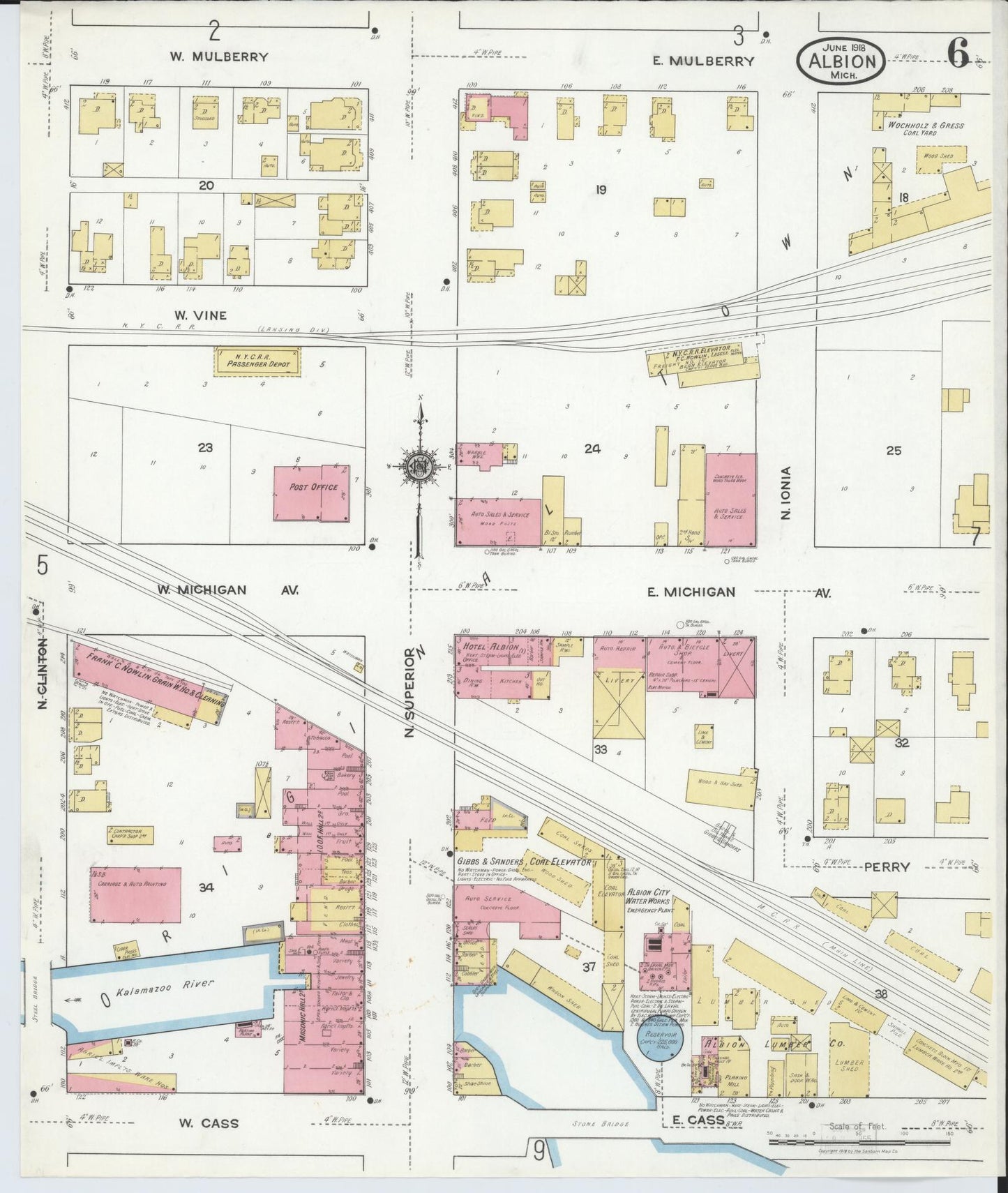 Sanborn Fire Insurance Map from Albion, Calhoun County, Michigan (1918), Sheet #0006 - Historic Sanborn Fire Insurance Map Print, vintage old map wall art, antique decor, genealogy gift, Michigan Michigan map