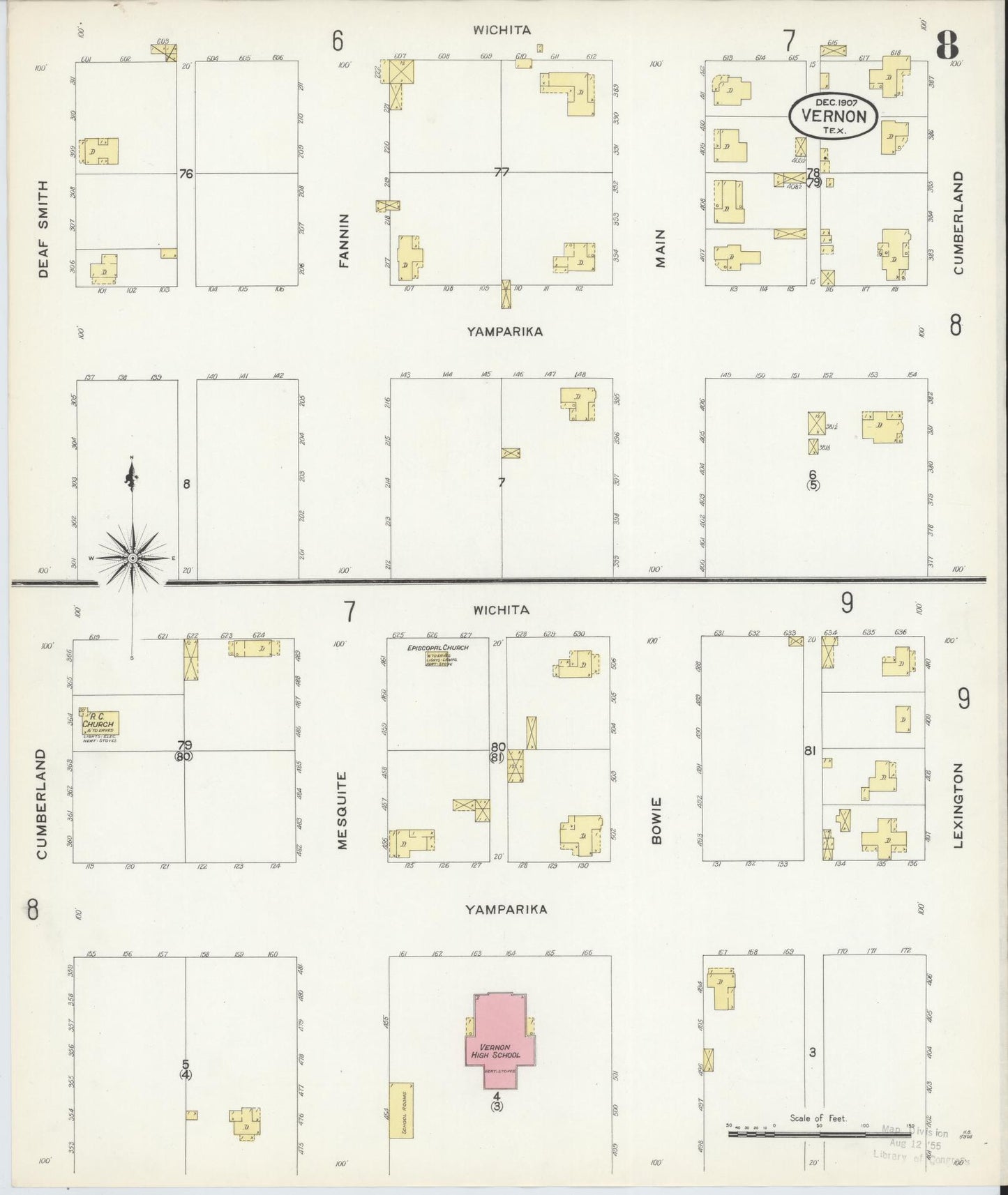 Sanborn Fire Insurance Map from Vernon, Wilbarger County, Texas (1907), Sheet #0008 - Historic Sanborn Fire Insurance Map Print, vintage old map wall art, antique decor, genealogy gift, Texas Texas map