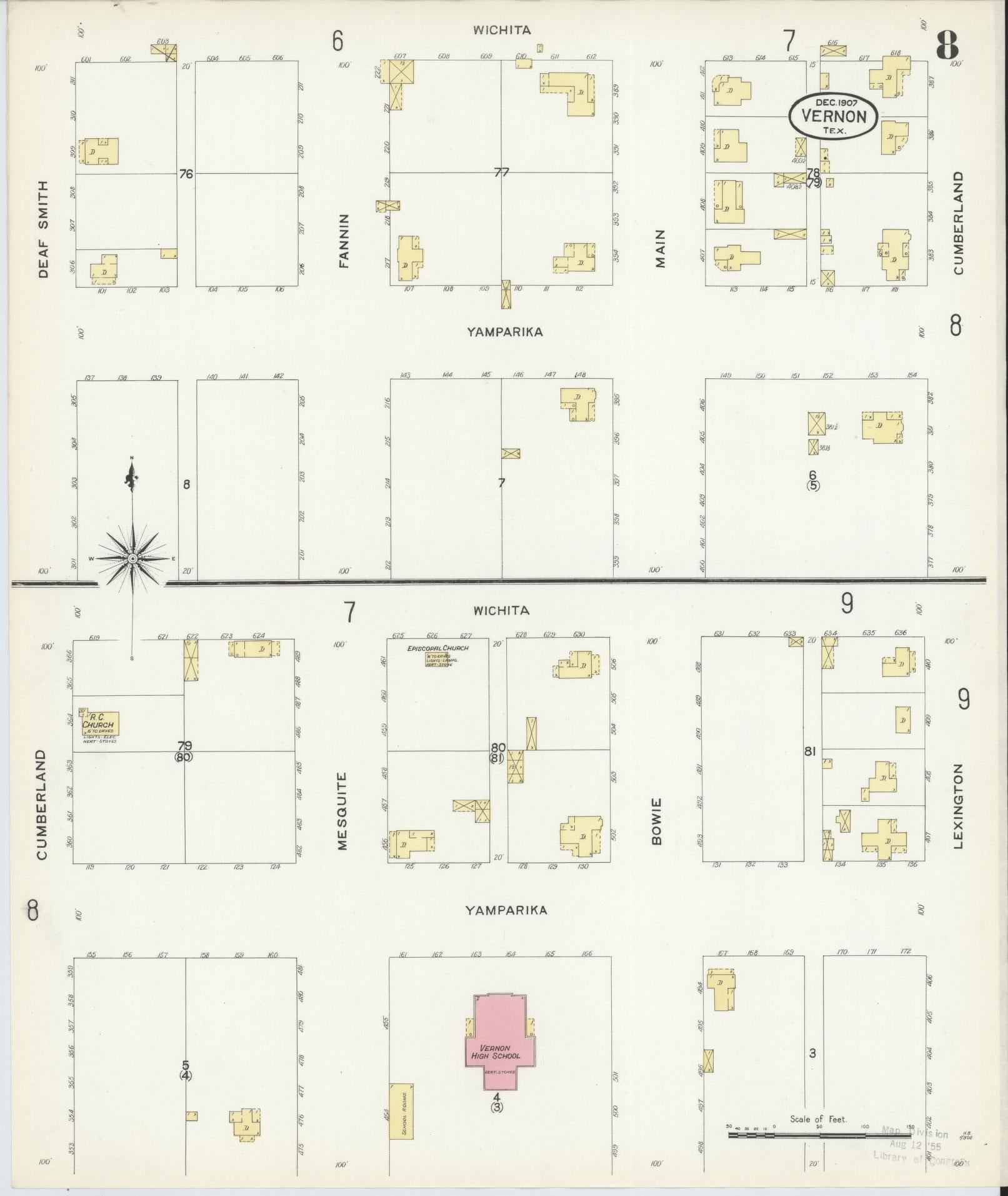 Sanborn Fire Insurance Map from Vernon, Wilbarger County, Texas (1907), Sheet #0008 - Historic Sanborn Fire Insurance Map Print, vintage old map wall art, antique decor, genealogy gift, Texas Texas map