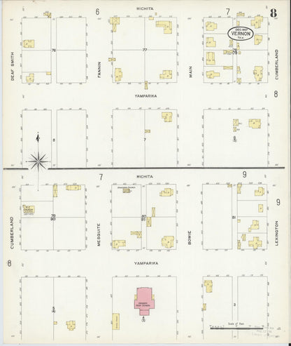 Sanborn Fire Insurance Map from Vernon, Wilbarger County, Texas (1907), Sheet #0008 - Historic Sanborn Fire Insurance Map Print, vintage old map wall art, antique decor, genealogy gift, Texas Texas map
