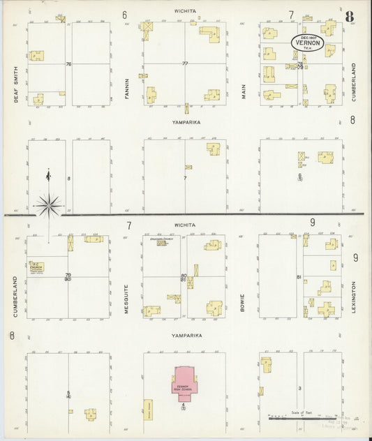 Sanborn Fire Insurance Map from Vernon, Wilbarger County, Texas (1907), Sheet #0008 - Historic Sanborn Fire Insurance Map Print, vintage old map wall art, antique decor, genealogy gift, Texas Texas map