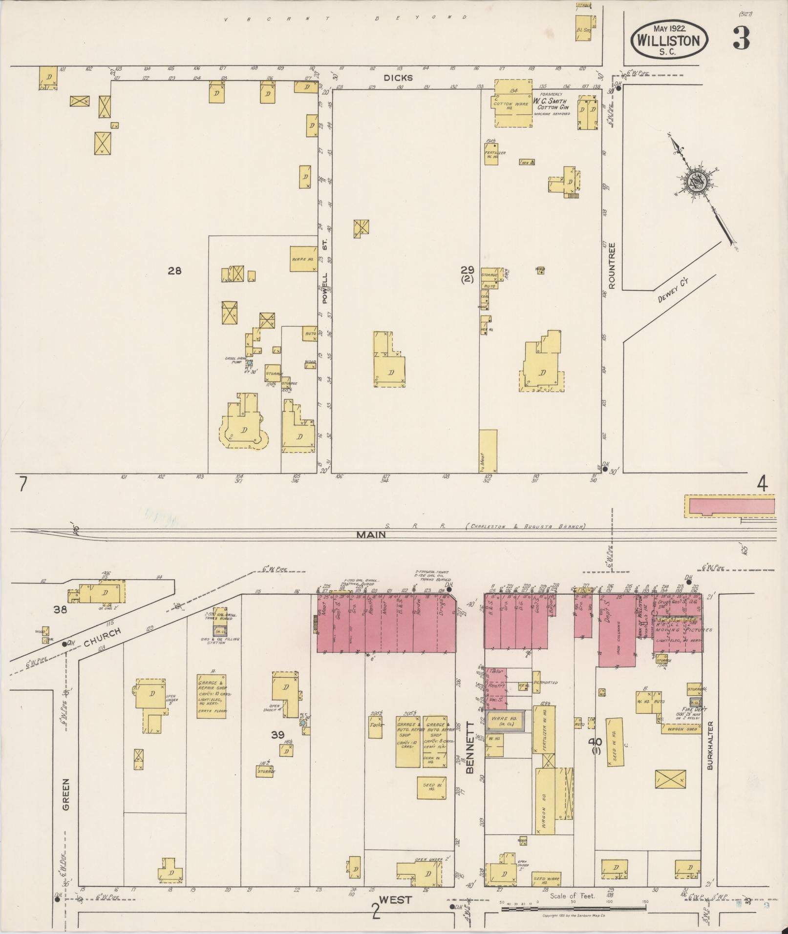Sanborn Fire Insurance Map from Williston, Barnwell County, South Carolina (1922), Sheet #0003 - Complete Map Set gallery image, historic Sanborn map, vintage wall art, South Carolina South Carolina
