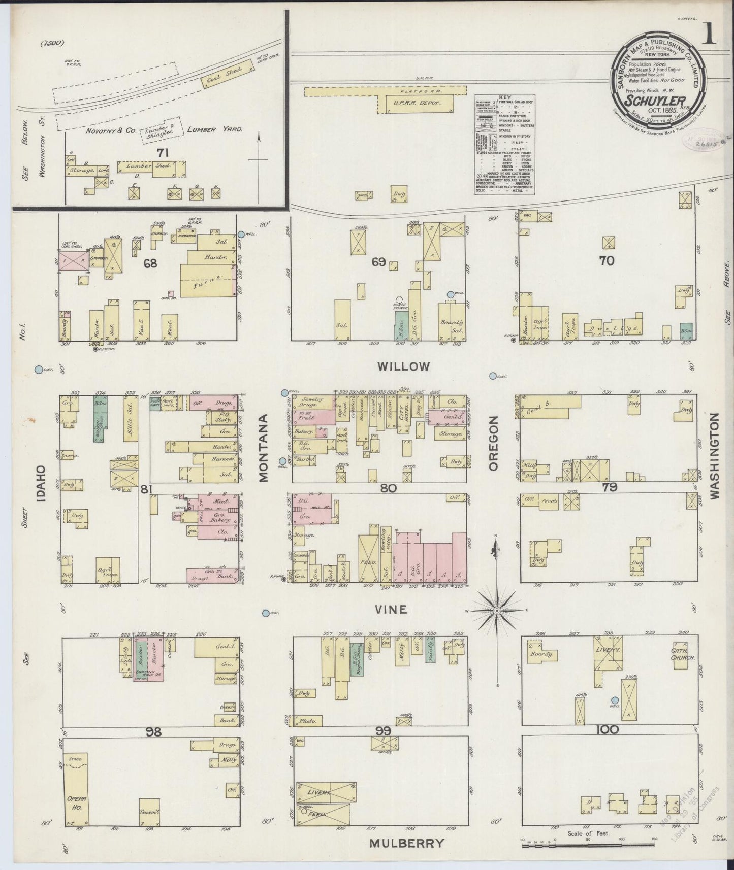Sanborn Fire Insurance Map from Schuyler, Colfax County, Nebraska (1885), Sheet #0001 - Complete Map Set gallery image, historic Sanborn map, vintage wall art, Nebraska Nebraska