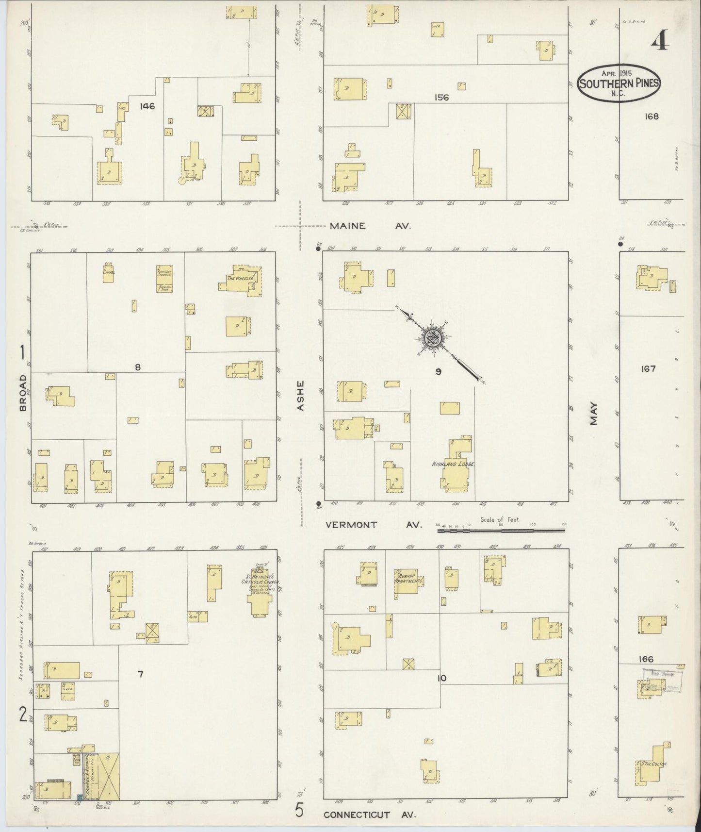 Sanborn Fire Insurance Map from Southern Pines, Moore County, North Carolina (1915), Sheet #0004 - Complete Map Set gallery image, historic Sanborn map, vintage wall art, North Carolina North Carolina