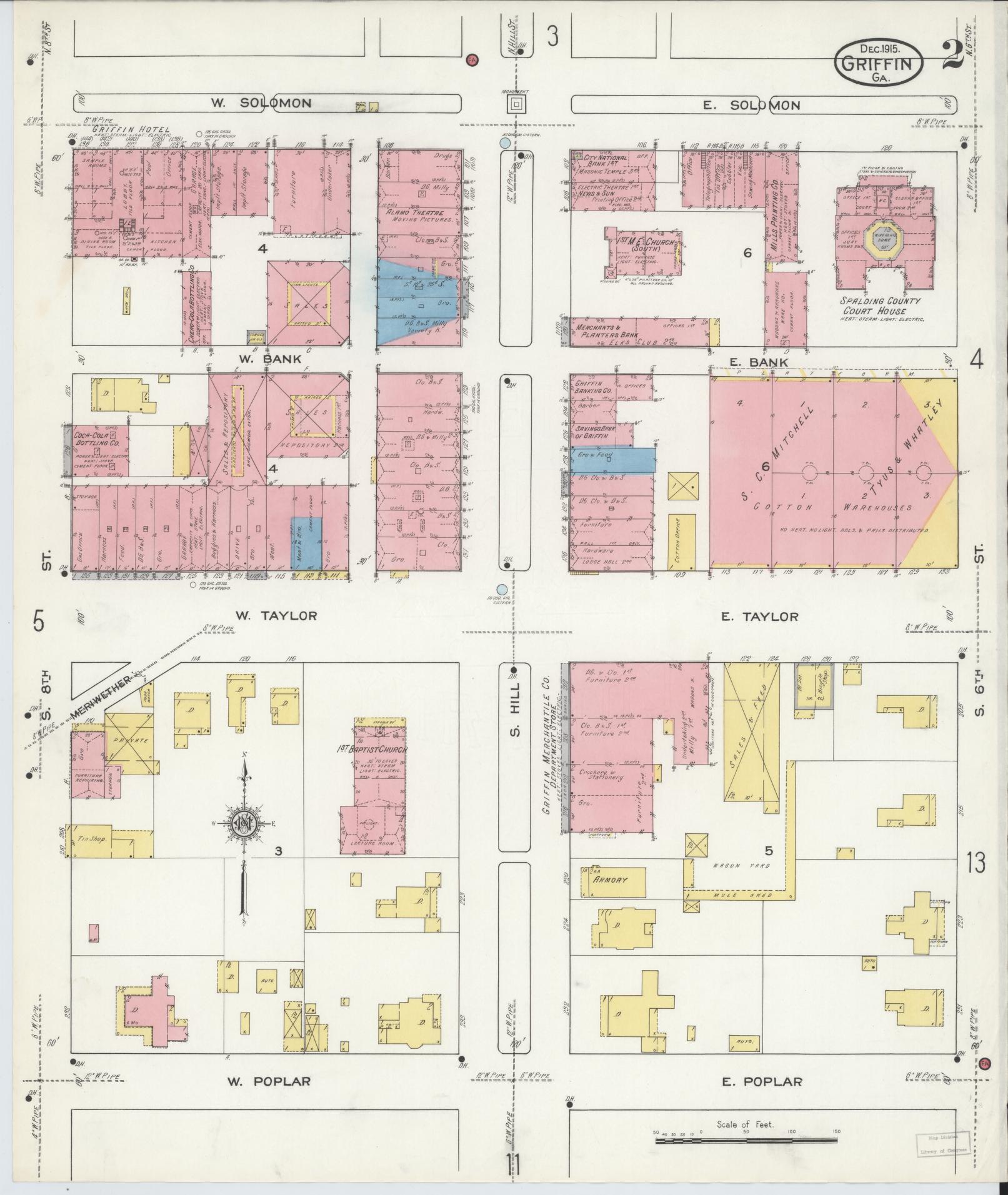 Sanborn Fire Insurance Map from Griffin, Spalding County, Georgia (1915), Sheet #0002 - Historic Sanborn Fire Insurance Map Print, vintage old map wall art, antique decor, genealogy gift, Georgia Georgia map