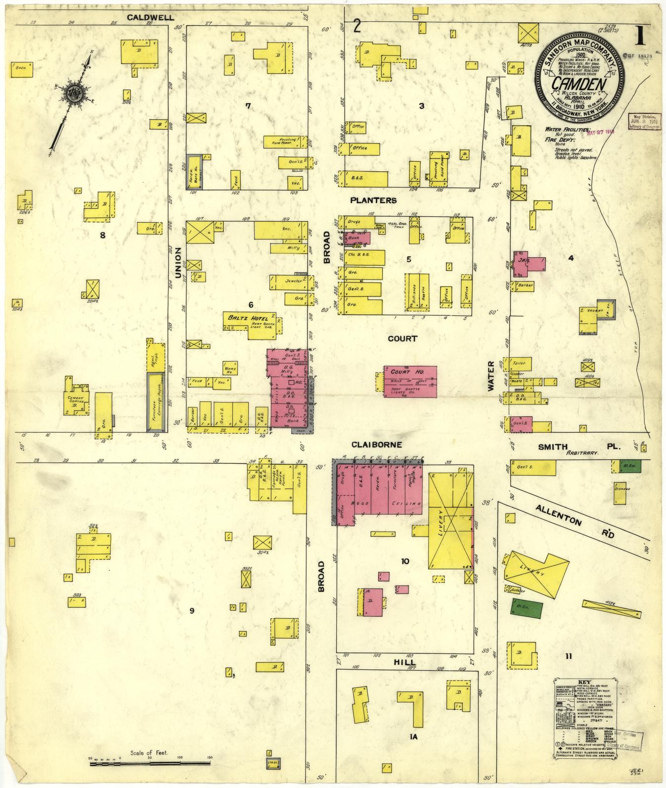 Sanborn Fire Insurance Map from Camden, Wilcox County, Alabama (1910), Sheet #0001 - Historic Sanborn Fire Insurance Map Print, vintage old map wall art, antique decor, genealogy gift, Alabama Alabama map