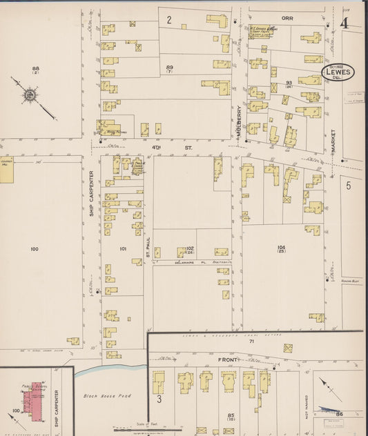 Sanborn Fire Insurance Map from Lewes, Sussex County, Delaware (1922), Sheet #0004 - Historic Sanborn Fire Insurance Map Print, vintage old map wall art, antique decor, genealogy gift, Delaware Delaware map
