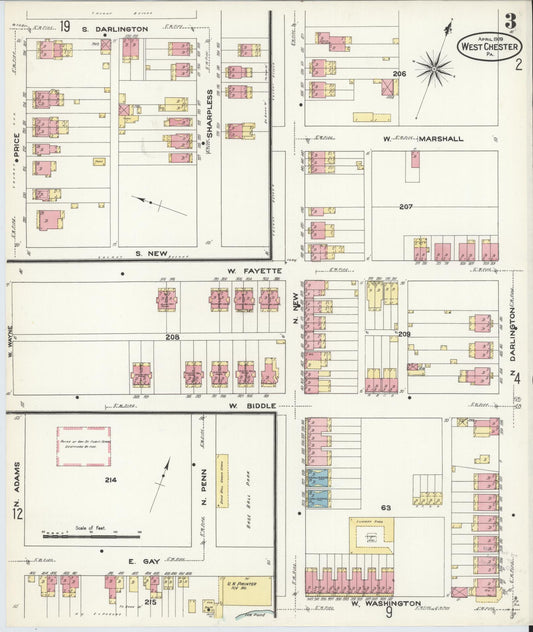 Sanborn Fire Insurance Map from West Chester, Chester County, Pennsylvania (1909), Sheet #0003 - Historic Sanborn Fire Insurance Map Print, vintage old map wall art, antique decor, genealogy gift, Pennsylvania Pennsylvania map