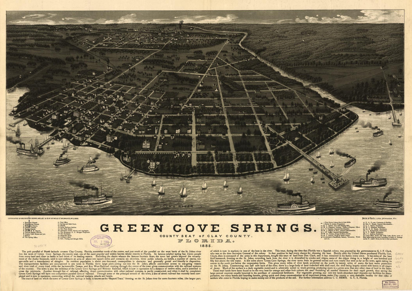 Green Cove Springs, county seat of Clay County, Florida. 1885. (1885) – Historic Bird’s-Eye View Panorama Print