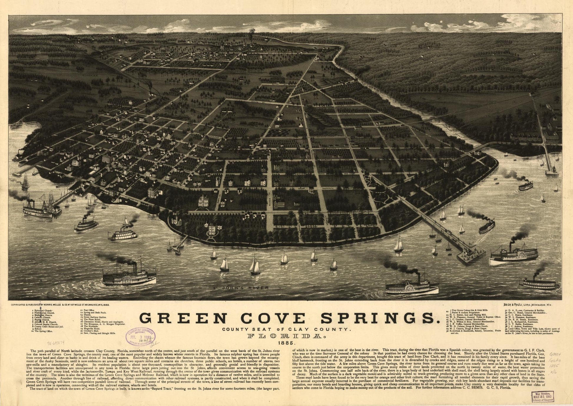 Green Cove Springs, county seat of Clay County, Florida. 1885. (1885) – Historic Bird’s-Eye View Panorama Print