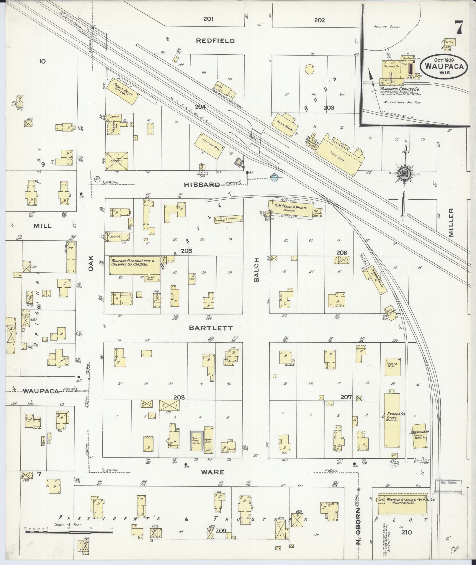 Sanborn Fire Insurance Map from Waupaca, Waupaca County, Wisconsin (1909), Sheet #0007 - Historic Sanborn Fire Insurance Map Print, vintage old map wall art, antique decor, genealogy gift, Wisconsin Wisconsin map
