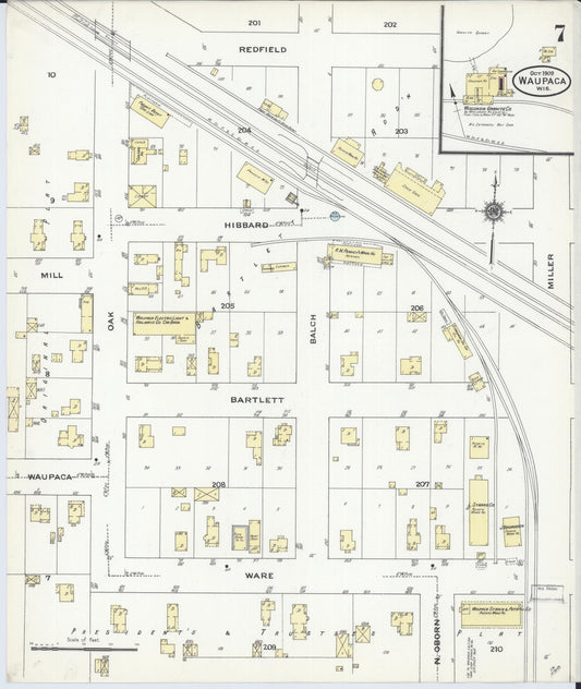 Sanborn Fire Insurance Map from Waupaca, Waupaca County, Wisconsin (1909), Sheet #0007 - Historic Sanborn Fire Insurance Map Print, vintage old map wall art, antique decor, genealogy gift, Wisconsin Wisconsin map