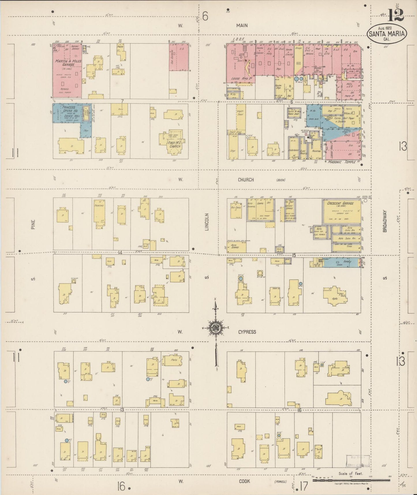 Sanborn Fire Insurance Map from Santa Maria, Santa Barbara County, California (1920), Sheet #0012 - Complete Map Set gallery image, historic Sanborn map, vintage wall art, California California
