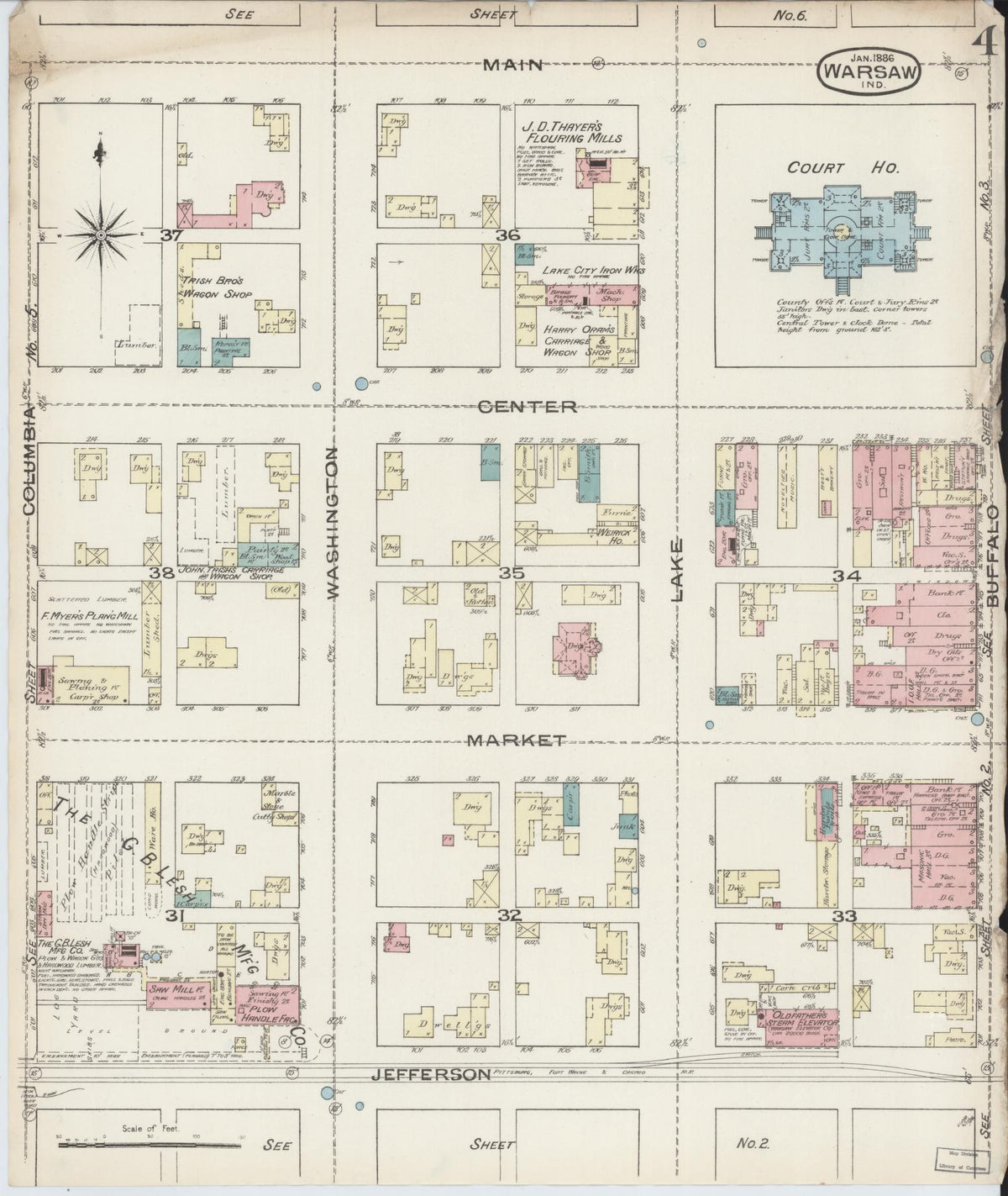 Sanborn Fire Insurance Map from Warsaw, Kosciusko County, Indiana (1886), Sheet #0004 - Historic Sanborn Fire Insurance Map Print, vintage old map wall art, antique decor, genealogy gift, Indiana Indiana map