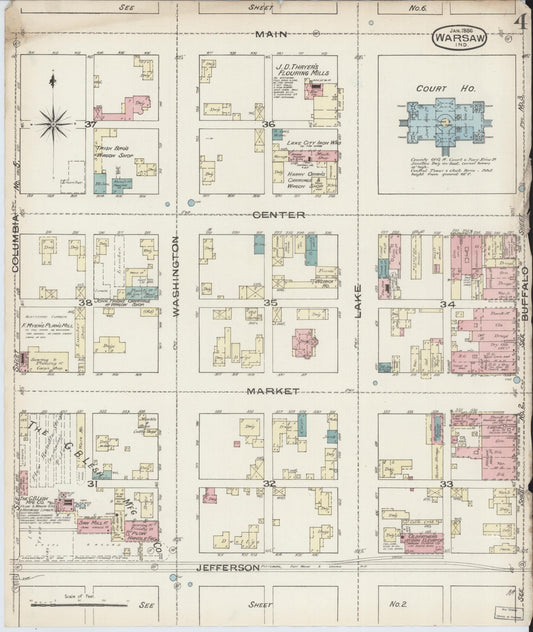 Sanborn Fire Insurance Map from Warsaw, Kosciusko County, Indiana (1886), Sheet #0004 - Historic Sanborn Fire Insurance Map Print, vintage old map wall art, antique decor, genealogy gift, Indiana Indiana map