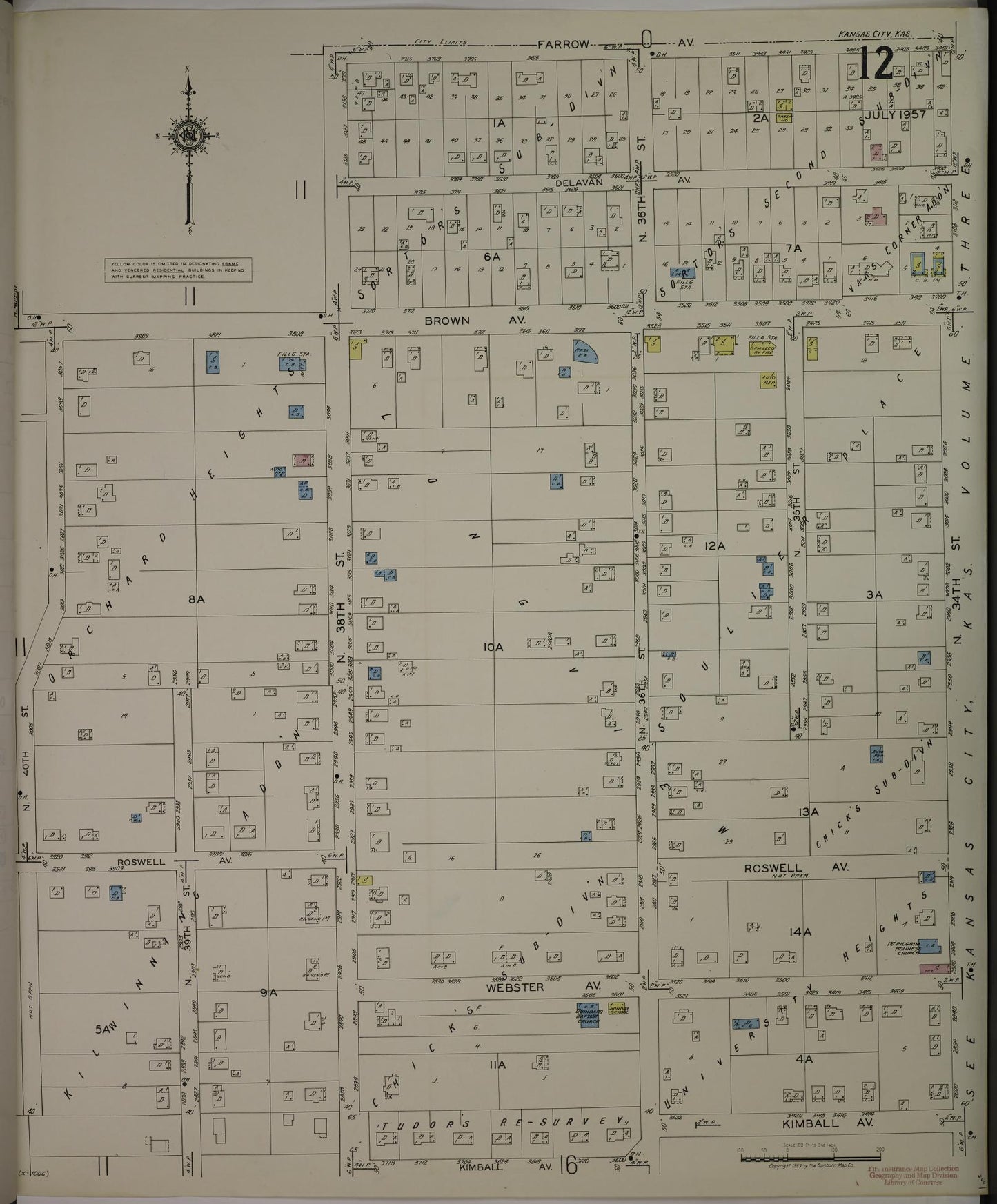 Sanborn Fire Insurance Map from Kansas City, Wyandotte County, Kansas (1957), Sheet #0012 - Complete Map Set gallery image, historic Sanborn map, vintage wall art, Kansas Kansas