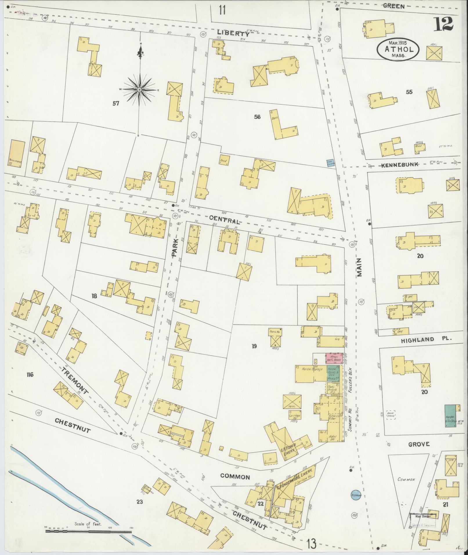 Sanborn Fire Insurance Map from Athol, Worcester County, Massachusetts (1905), Sheet #0012 - Complete Map Set gallery image, historic Sanborn map, vintage wall art, Massachusetts Massachusetts